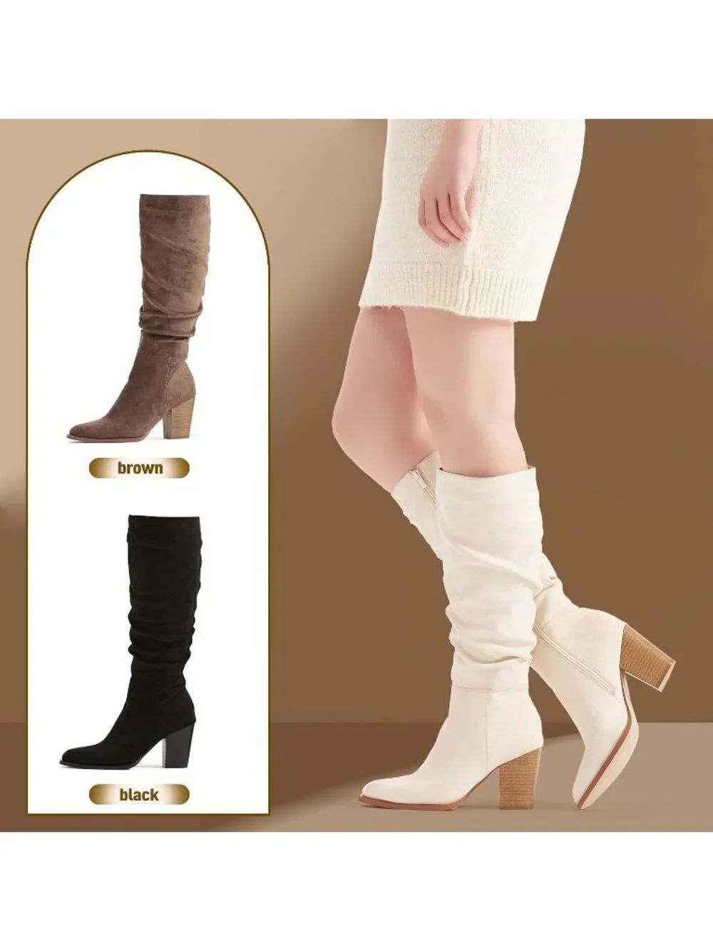 Women's Beige Knee High  Faux Suede Pointed Toe Slouch Boots with Chunky Heel